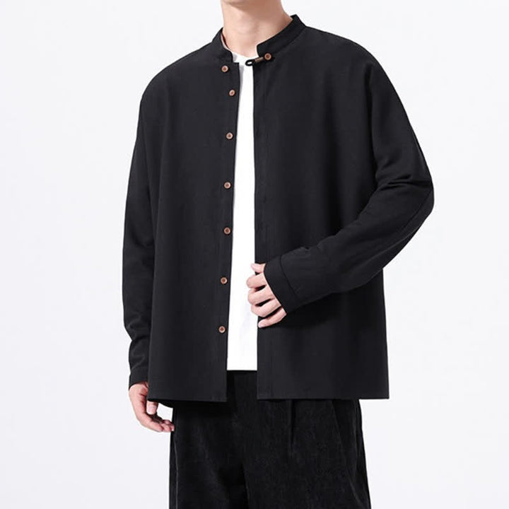 Buddha Stones Camicia da uomo a maniche lunghe, tinta unita, stile Tang, primaverile casual, con bottoni. - image 13