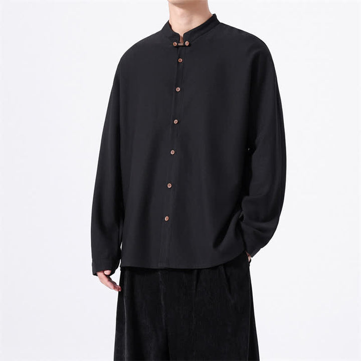 Buddha Stones Camicia da uomo a maniche lunghe, tinta unita, stile Tang, primaverile casual, con bottoni. - image 15