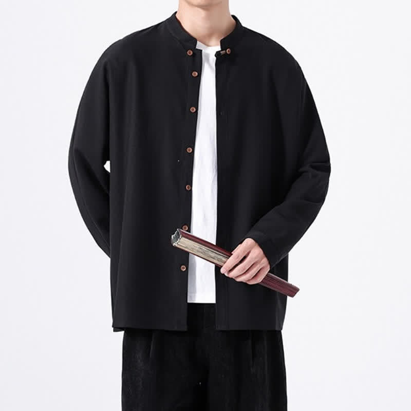Buddha Stones Camicia da uomo a maniche lunghe, tinta unita, stile Tang, primaverile casual, con bottoni. - image 16