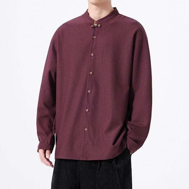 Buddha Stones Camicia da uomo a maniche lunghe, tinta unita, stile Tang, primaverile casual, con bottoni. - image 19