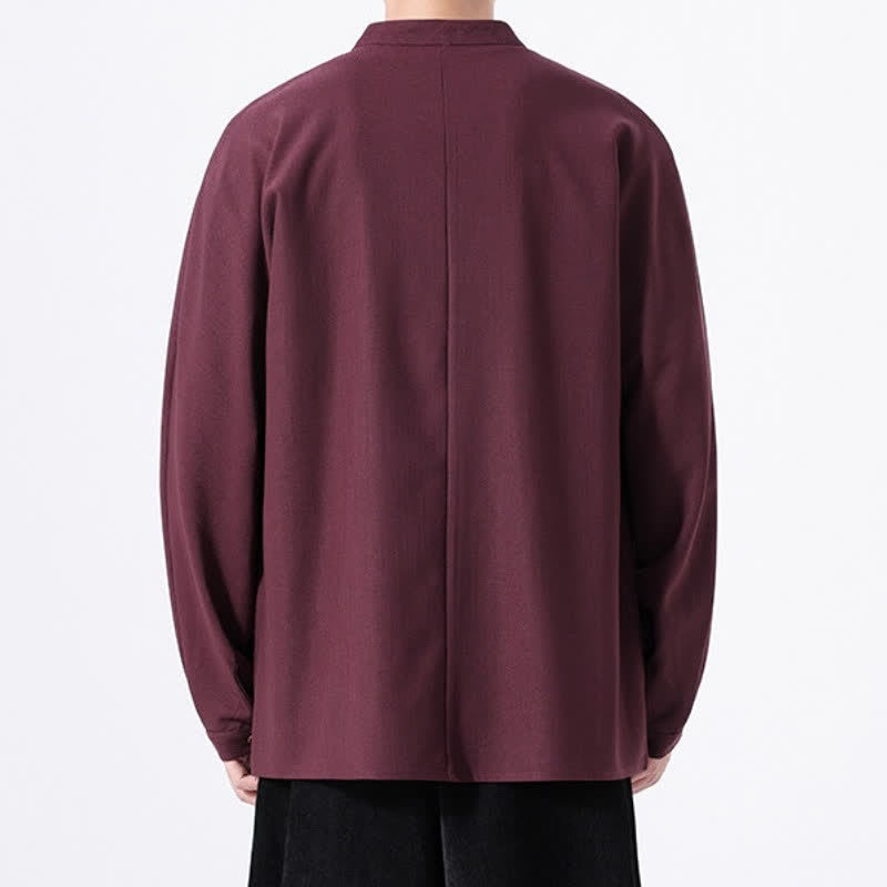Buddha Stones Camicia da uomo a maniche lunghe, tinta unita, stile Tang, primaverile casual, con bottoni. - image 22