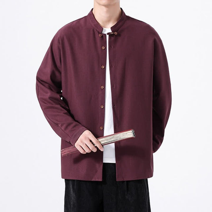 Buddha Stones Camicia da uomo a maniche lunghe, tinta unita, stile Tang, primaverile casual, con bottoni. - image 20