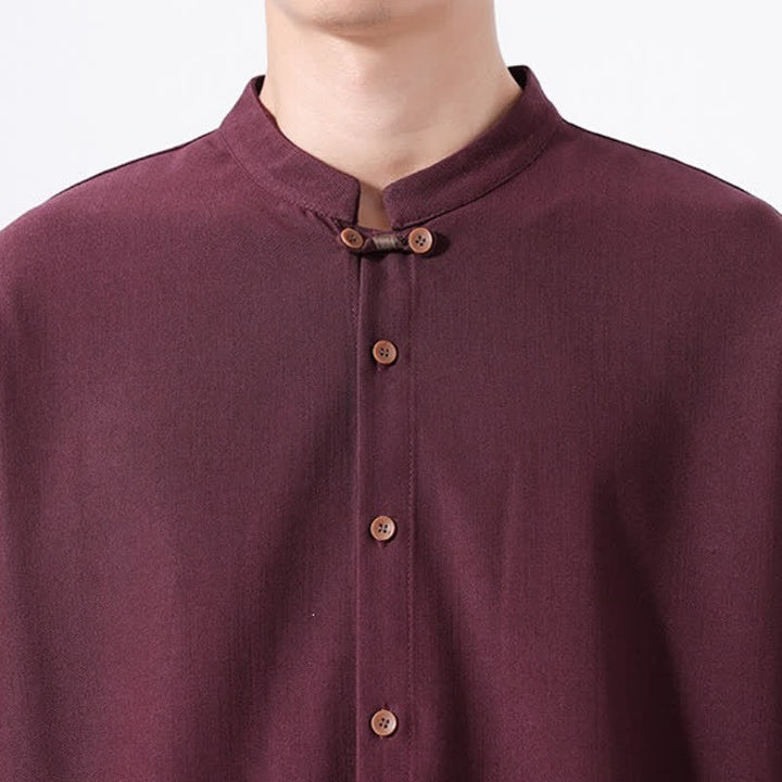 Buddha Stones Camicia da uomo a maniche lunghe, tinta unita, stile Tang, primaverile casual, con bottoni. - image 25