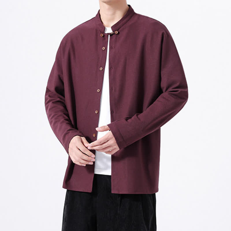 Buddha Stones Camicia da uomo a maniche lunghe, tinta unita, stile Tang, primaverile casual, con bottoni. - image 18