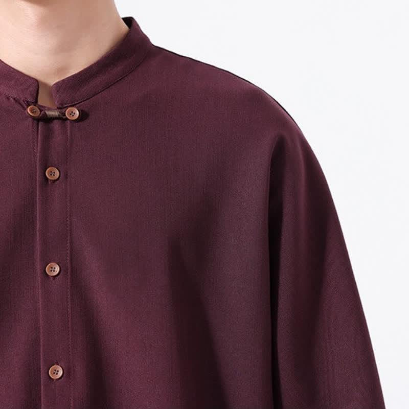 Buddha Stones Camicia da uomo a maniche lunghe, tinta unita, stile Tang, primaverile casual, con bottoni. - image 26
