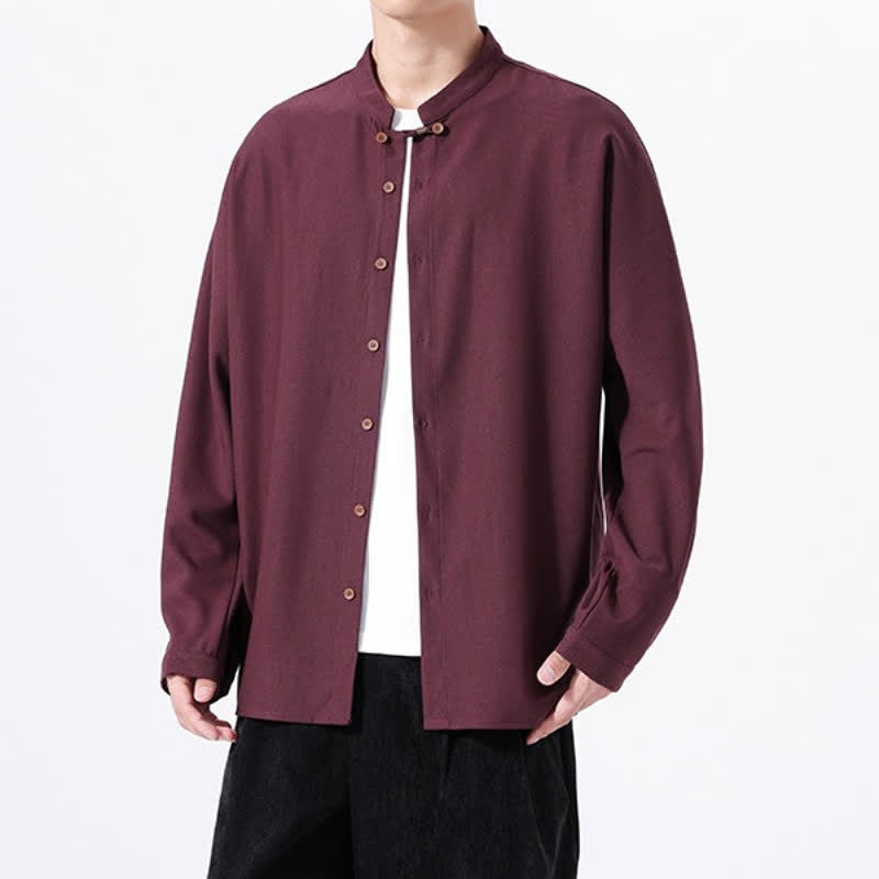 Buddha Stones Camicia da uomo a maniche lunghe, tinta unita, stile Tang, primaverile casual, con bottoni. - image 23