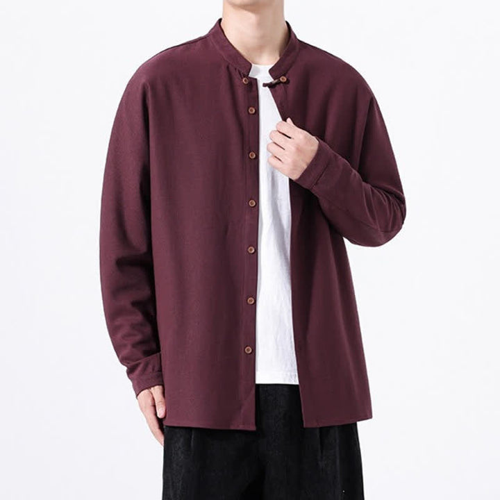 Buddha Stones Camicia da uomo a maniche lunghe, tinta unita, stile Tang, primaverile casual, con bottoni. - image 21