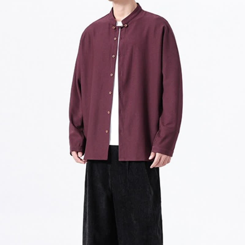 Buddha Stones Camicia da uomo a maniche lunghe, tinta unita, stile Tang, primaverile casual, con bottoni. - image 24