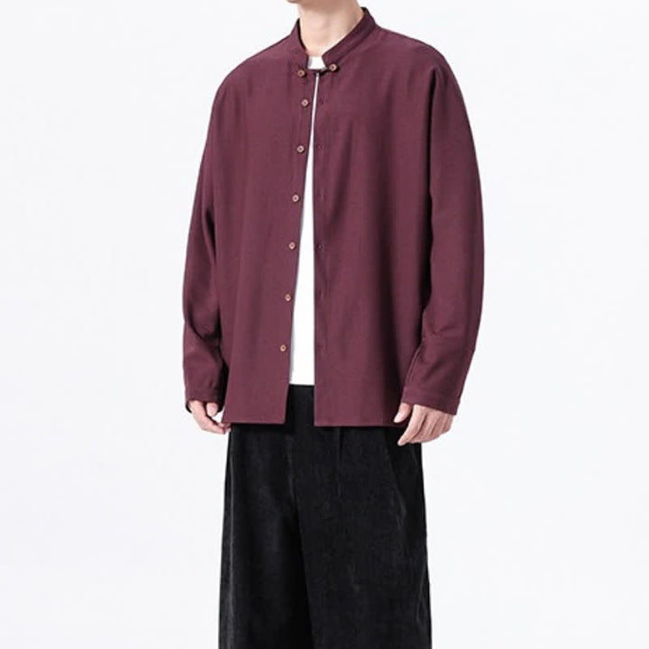 Buddha Stones Camicia da uomo a maniche lunghe, tinta unita, stile Tang, primaverile casual, con bottoni. - image 24