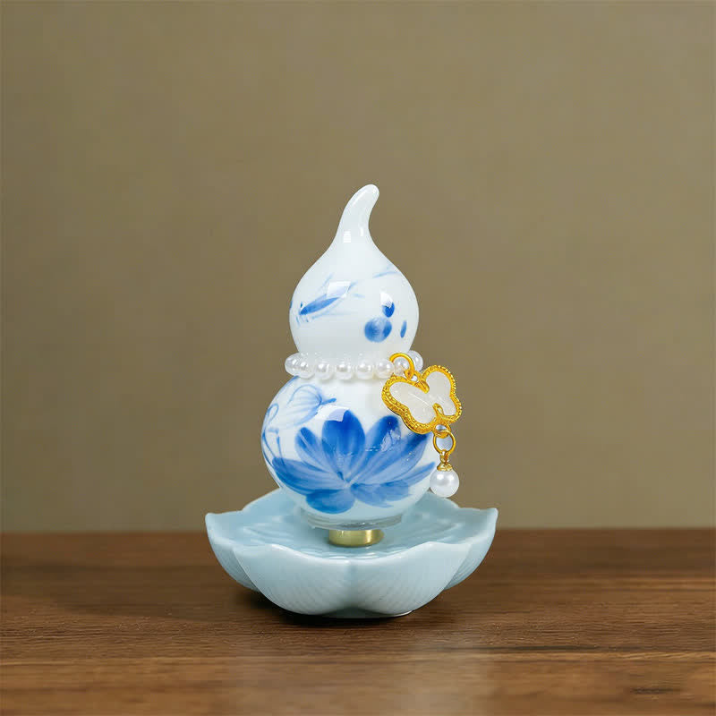 Buddha Stones Zucca di ceramica dipinta a mano a forma di peonia, simbolo di prosperità e vita consapevole. - Loto di porcellana blu - Circa 6*8 cm (accessorio casuale) - image 0