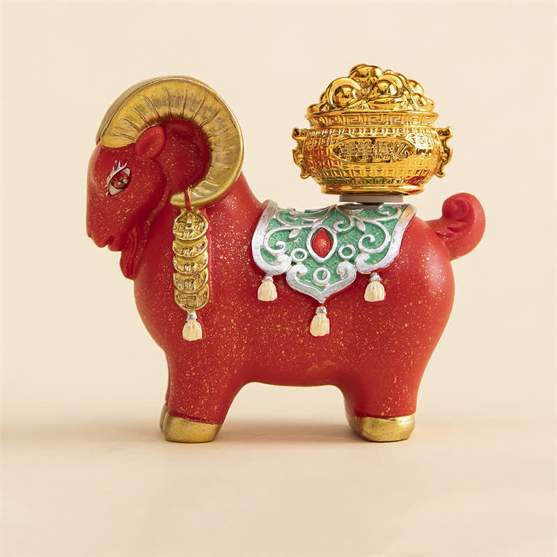 Buddha Stones Capra o pecora zodiacale in resina con sacchetto portafortuna, graziosa decorazione a forma di animale - Pecora della prosperità - Rossa - image 1