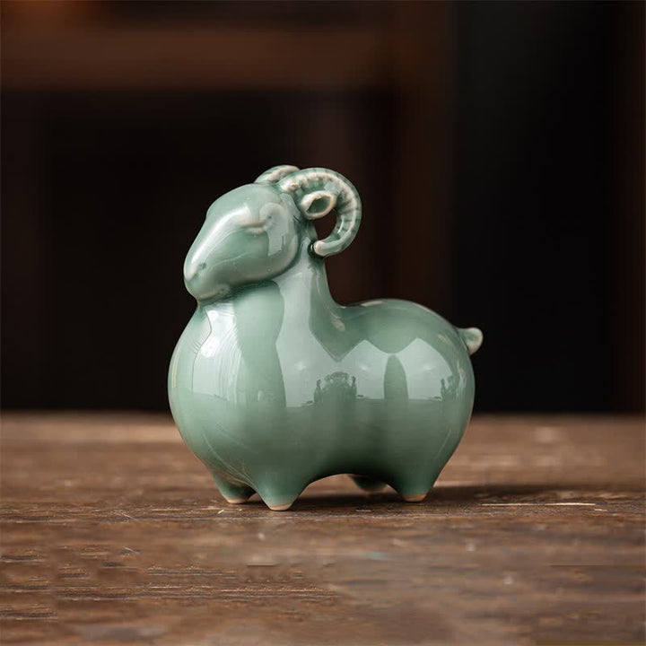 Buddha Stones Capretta in ceramica porta prosperità, graziosa decorazione a forma di animale - Pecora verde di piccole dimensioni, circa 8,2 cm * 4,8 cm * 8,3 cm - image 13