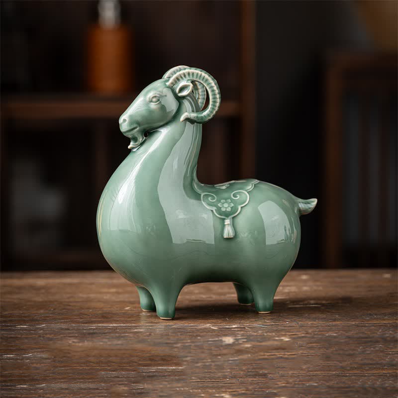 Buddha Stones Capretta in ceramica porta prosperità, graziosa decorazione a forma di animale - Pecora grande verde, circa 18,5 cm * 9,2 cm * 20 cm - image 17
