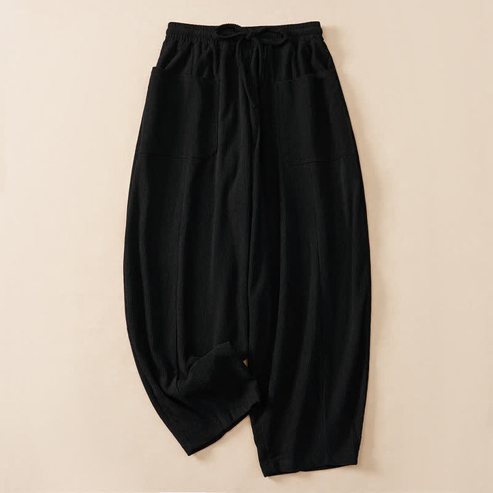 Buddha Stones Pantaloni corti da donna a tinta unita con coulisse, ideali per autunno/inverno, modello harem con tasche. - Nero - US14, UK/AU18, EU46 (2XL) - image 7