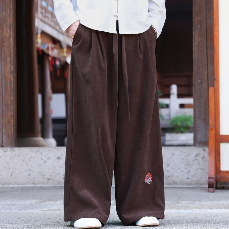 Buddha Stones Pantaloni lunghi da uomo a gamba dritta, stile vintage, con coulisse, ricami, tinta unita, per autunno/inverno, con tasche. - image 1