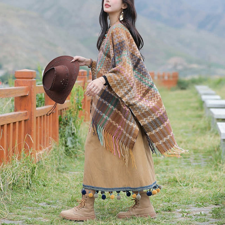 Buddha Stones Sciarpa da donna stile boho con righe ondulate e nappe, per autunno/inverno. - image 14
