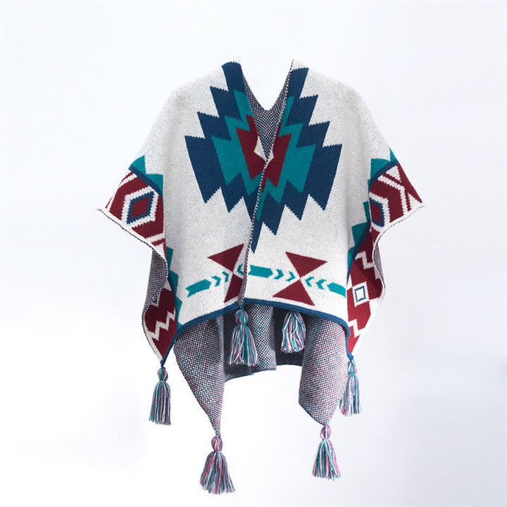 Buddha Stones Sciarpa da donna in maglia con nappe geometriche in stile boho, ideale per primavera/autunno. - Bianco. Dimensioni approssimative: 70 × 150 cm. - image 0
