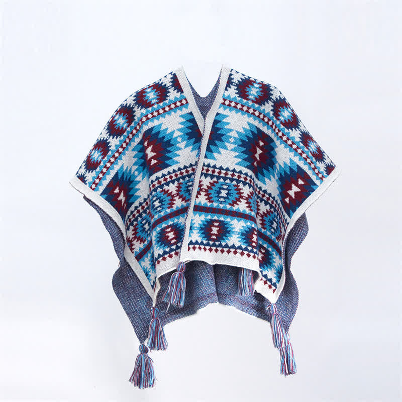 Buddha Stones Sciarpa da donna in maglia con nappe geometriche in stile boho, ideale per primavera/autunno. - Blu fiordaliso Circa 70 × 150 cm - image 3