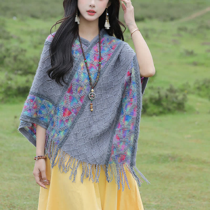 Buddha Stones Sciarpa da donna in maglia con frange geometriche e orlo a V, stile boho, per primavera/autunno. - Grigio ardesia - image 22