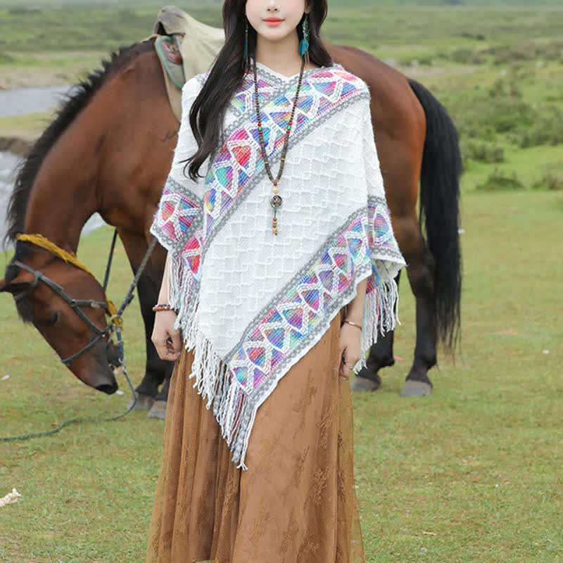 Buddha Stones Sciarpa da donna in maglia con frange geometriche e orlo a V, stile boho, per primavera/autunno. - Bianco - image 11