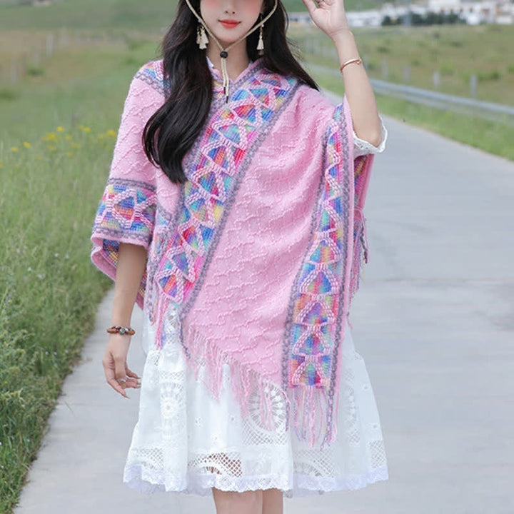 Buddha Stones Sciarpa da donna in maglia con frange geometriche e orlo a V, stile boho, per primavera/autunno. - Rosa chiaro - image 26