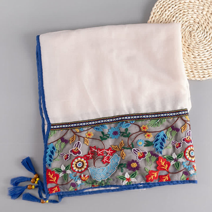 Buddha Stones Sciarpa sottile da donna in stile boho con ricami floreali e nappe, ideale per primavera e autunno. - image 1