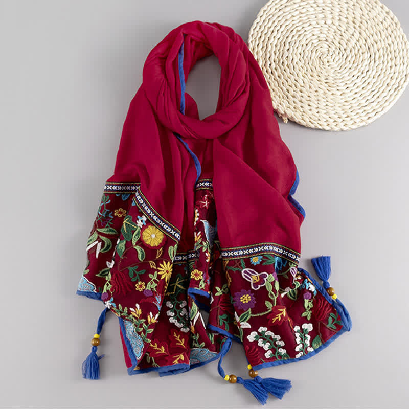 Buddha Stones Sciarpa sottile da donna in stile boho con ricami floreali e nappe, ideale per primavera e autunno. - mattone refrattario - image 6