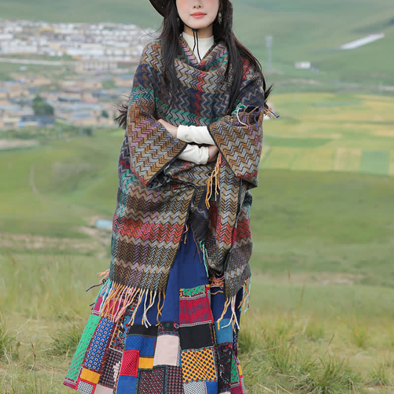Buddha Stones Sciarpa da donna stile boho con righe ondulate e nappe, per autunno/inverno. - image 1