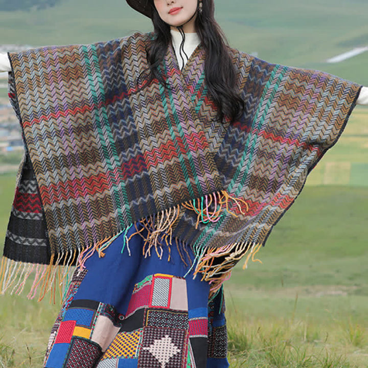 Buddha Stones Sciarpa da donna stile boho con righe ondulate e nappe, per autunno/inverno. - image 3