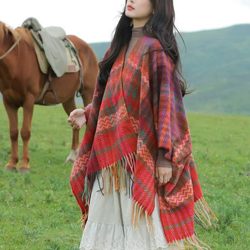 Buddha Stones Sciarpa da donna stile boho con righe ondulate e nappe, per autunno/inverno. - image 7