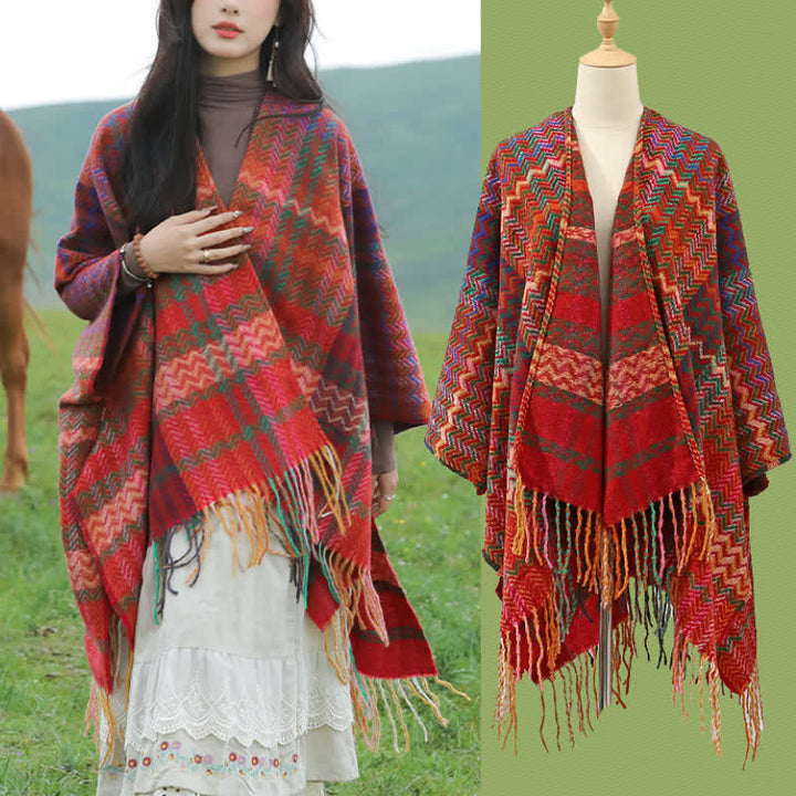Buddha Stones Sciarpa da donna stile boho con righe ondulate e nappe, per autunno/inverno. - image 11