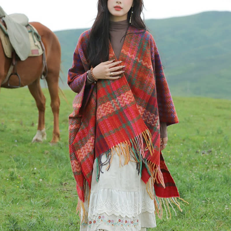 Buddha Stones Sciarpa da donna stile boho con righe ondulate e nappe, per autunno/inverno. - image 6