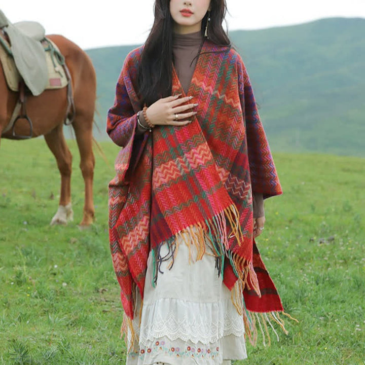 Buddha Stones Sciarpa da donna stile boho con righe ondulate e nappe, per autunno/inverno. - image 6