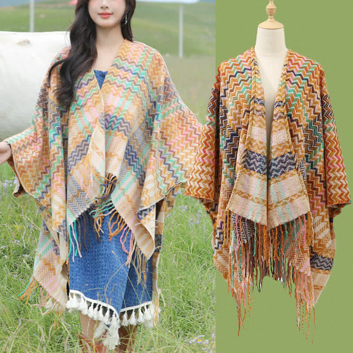 Buddha Stones Sciarpa da donna stile boho con righe ondulate e nappe, per autunno/inverno. - image 22