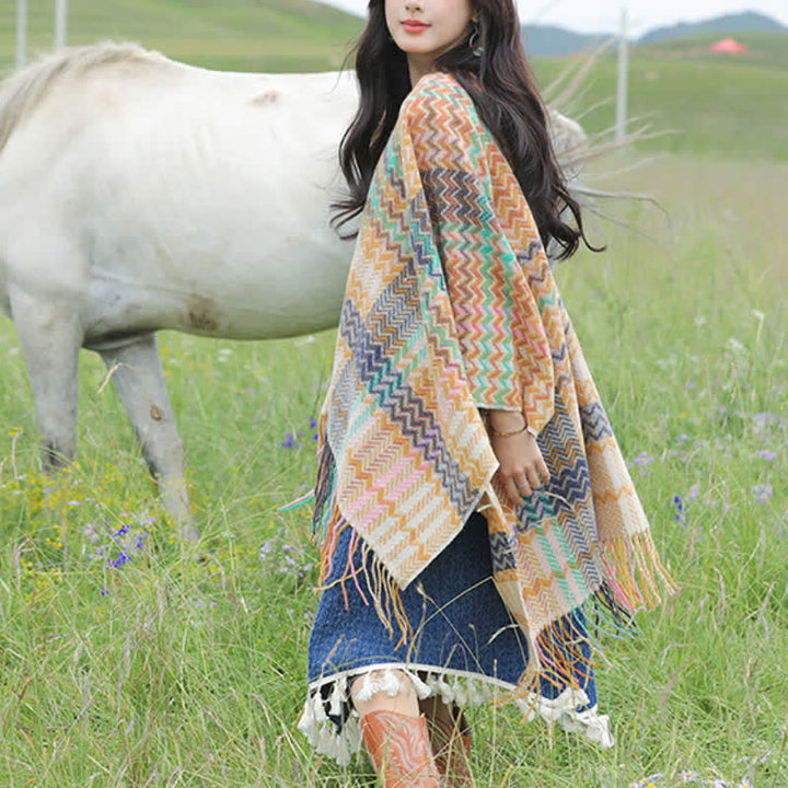 Buddha Stones Sciarpa da donna stile boho con righe ondulate e nappe, per autunno/inverno. - image 19