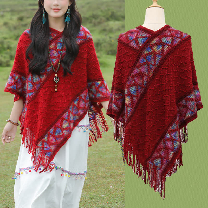 Buddha Stones Sciarpa da donna in maglia con frange geometriche e orlo a V, stile boho, per primavera/autunno. - image 10
