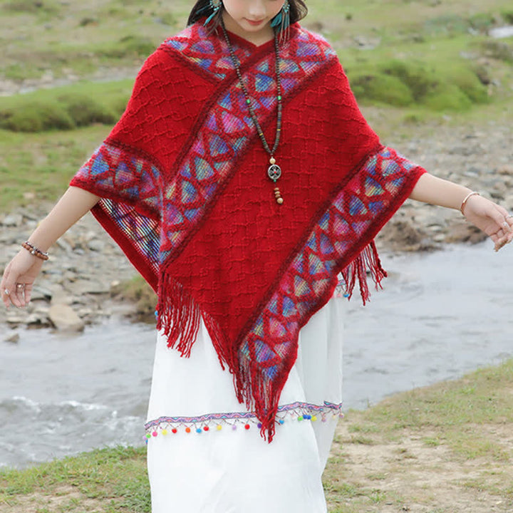 Buddha Stones Sciarpa da donna in maglia con frange geometriche e orlo a V, stile boho, per primavera/autunno. - image 2
