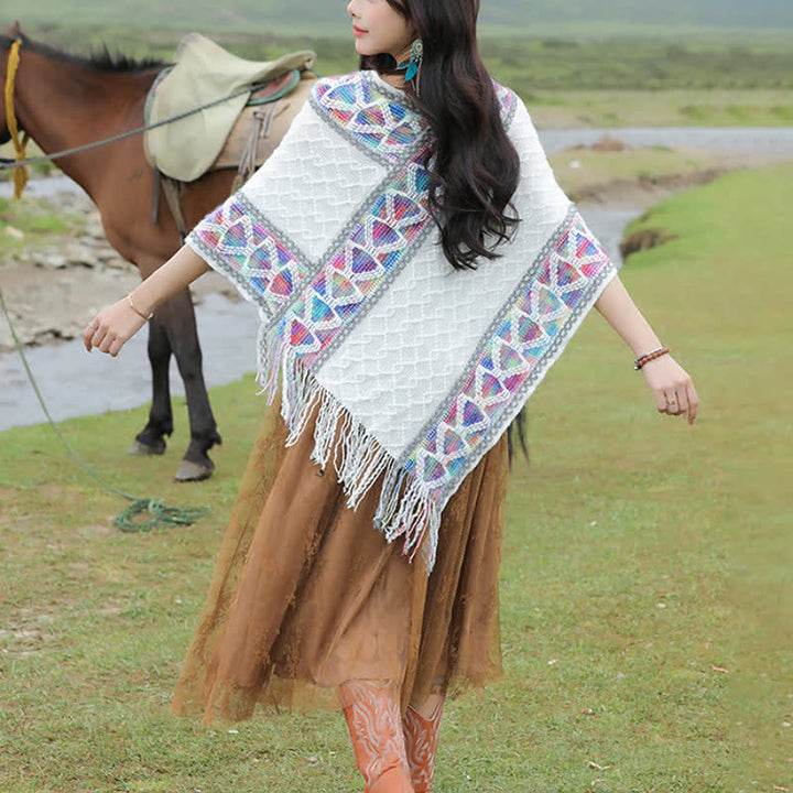 Buddha Stones Sciarpa da donna in maglia con frange geometriche e orlo a V, stile boho, per primavera/autunno. - image 14