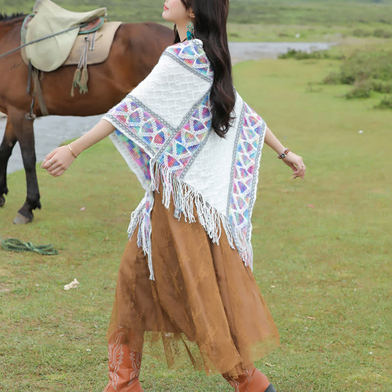 Buddha Stones Sciarpa da donna in maglia con frange geometriche e orlo a V, stile boho, per primavera/autunno. - image 19