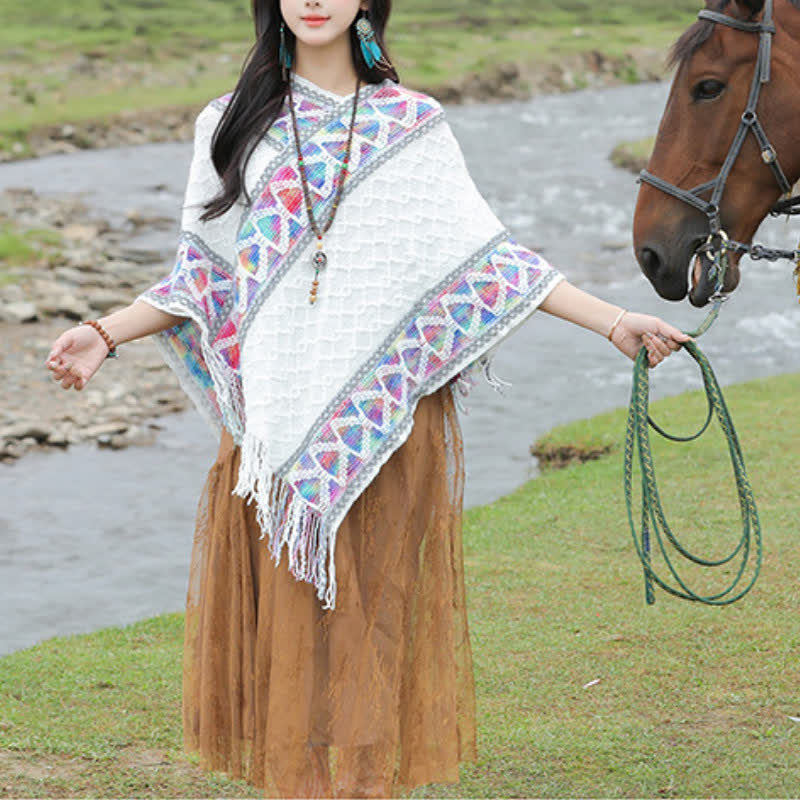 Buddha Stones Sciarpa da donna in maglia con frange geometriche e orlo a V, stile boho, per primavera/autunno. - image 18
