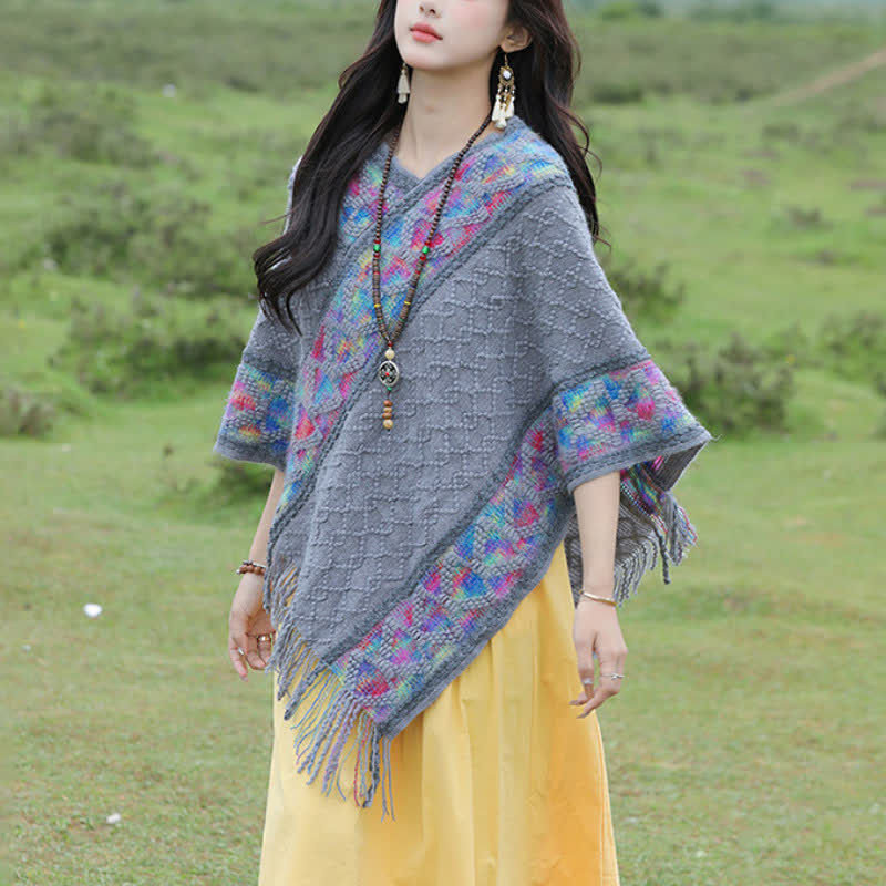 Buddha Stones Sciarpa da donna in maglia con frange geometriche e orlo a V, stile boho, per primavera/autunno. - image 24