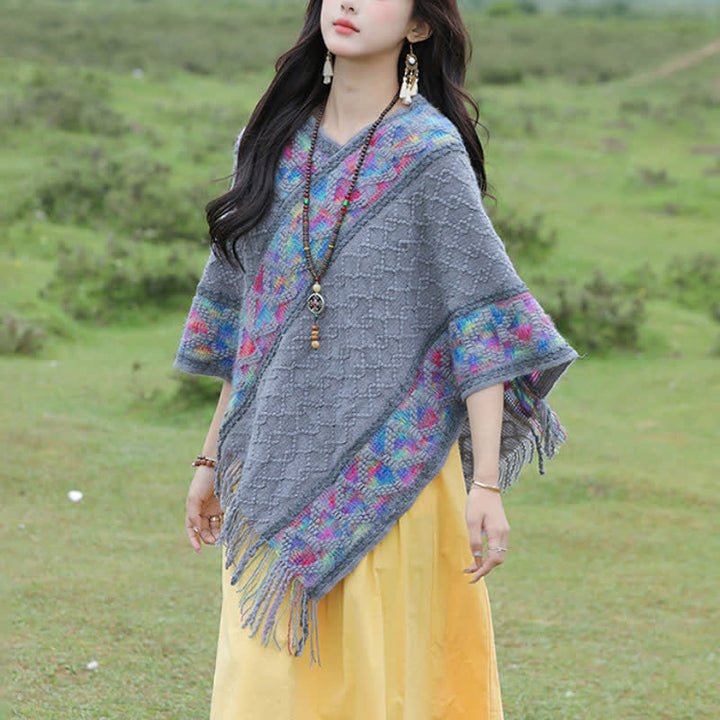 Buddha Stones Sciarpa da donna in maglia con frange geometriche e orlo a V, stile boho, per primavera/autunno. - image 24