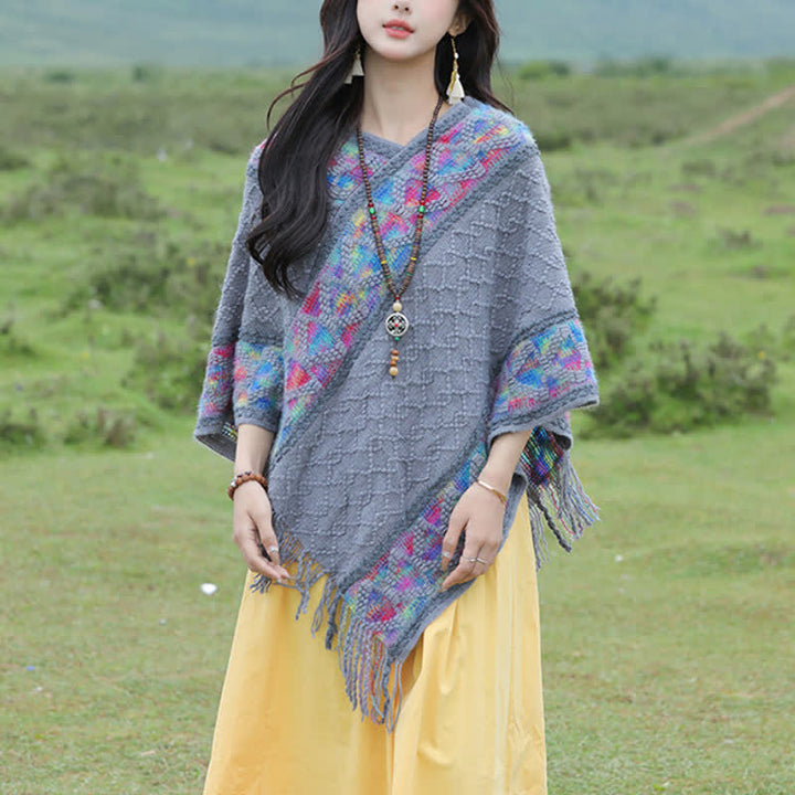 Buddha Stones Sciarpa da donna in maglia con frange geometriche e orlo a V, stile boho, per primavera/autunno. - image 25