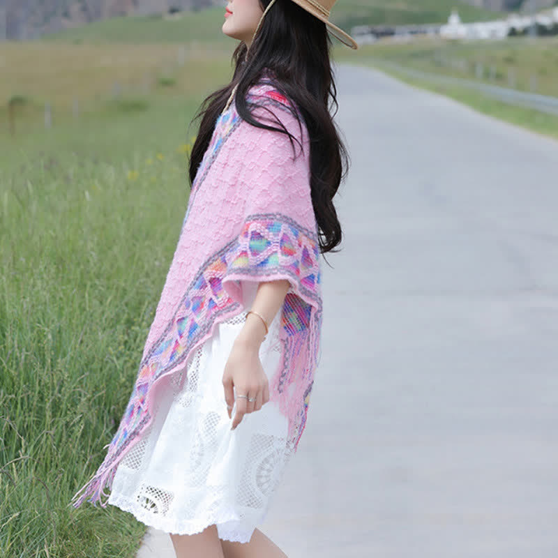 Buddha Stones Sciarpa da donna in maglia con frange geometriche e orlo a V, stile boho, per primavera/autunno. - image 27