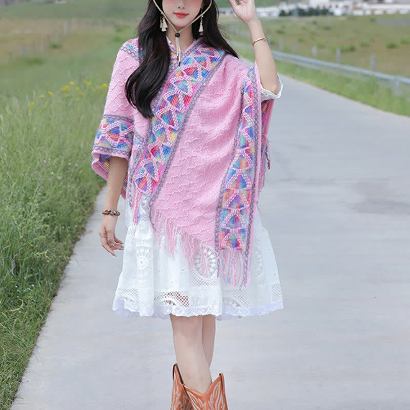 Buddha Stones Sciarpa da donna in maglia con frange geometriche e orlo a V, stile boho, per primavera/autunno. - image 28
