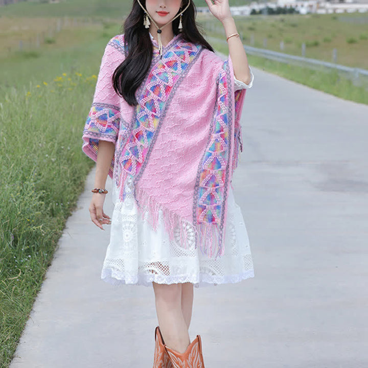 Buddha Stones Sciarpa da donna in maglia con frange geometriche e orlo a V, stile boho, per primavera/autunno. - image 28