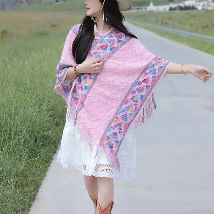 Buddha Stones Sciarpa da donna in maglia con frange geometriche e orlo a V, stile boho, per primavera/autunno. - image 31