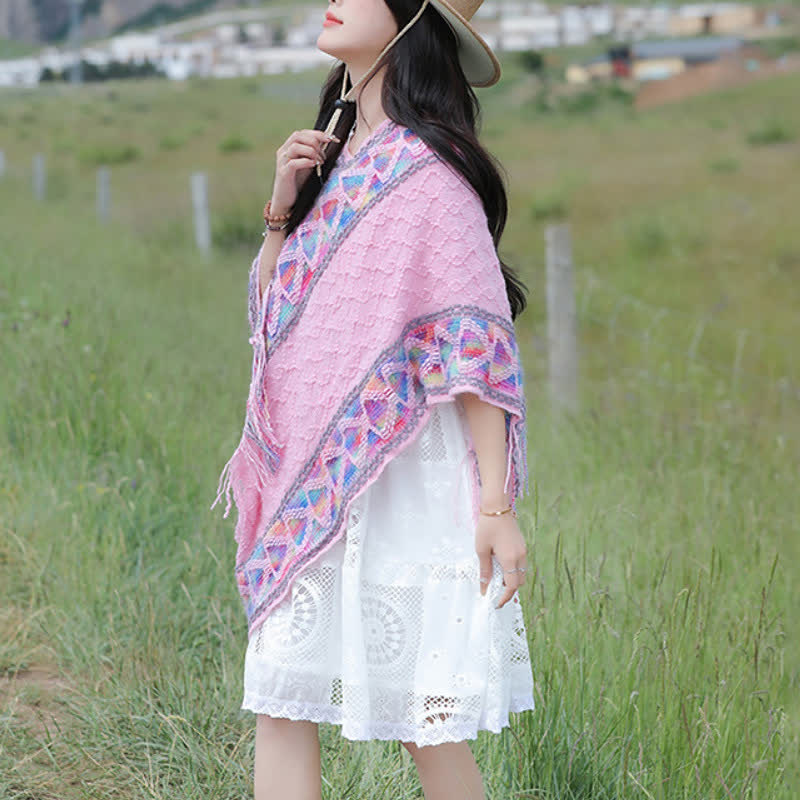 Buddha Stones Sciarpa da donna in maglia con frange geometriche e orlo a V, stile boho, per primavera/autunno. - image 33