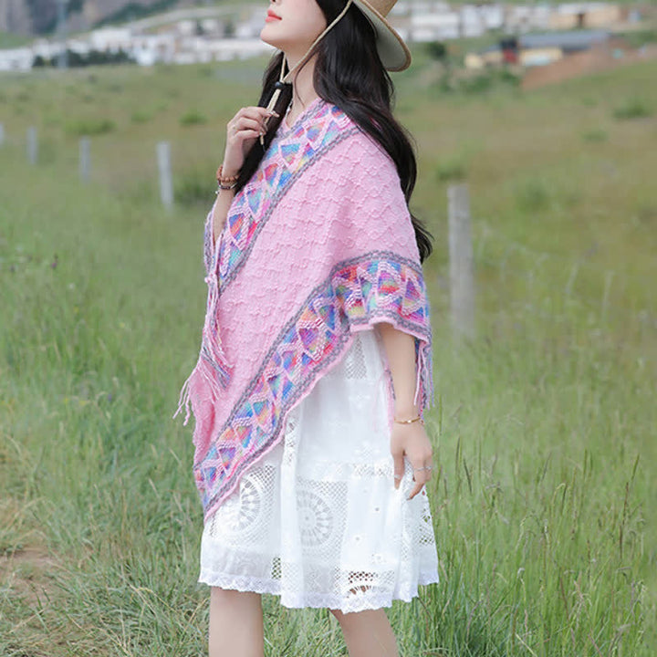 Buddha Stones Sciarpa da donna in maglia con frange geometriche e orlo a V, stile boho, per primavera/autunno. - image 33