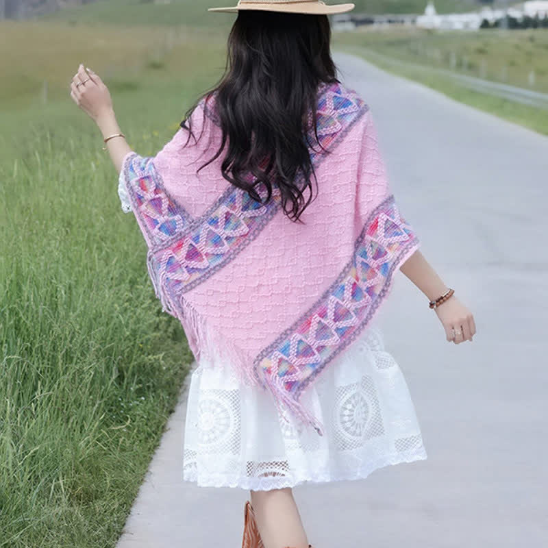 Buddha Stones Sciarpa da donna in maglia con frange geometriche e orlo a V, stile boho, per primavera/autunno. - image 30